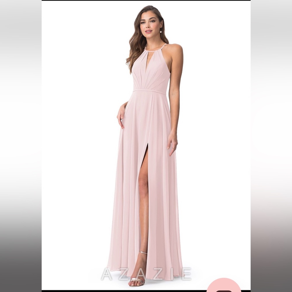 Azazie Blushing Pink Halter Maxi Dress with Front Slit